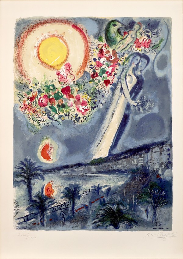 Fiances dans le ciel de Nice, 1967, Lithographs printed in colours. © Chagall ®, by SIAE 2025.