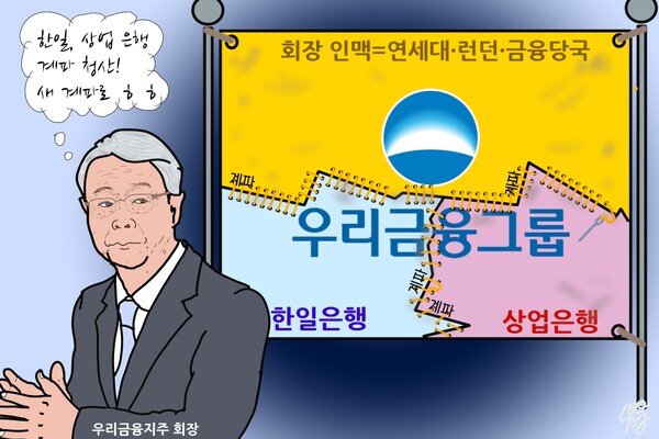‘연대 이너서클’ 계파 논란에 휩싸인 임종룡 회장. /일러스트=조수연 편집위원