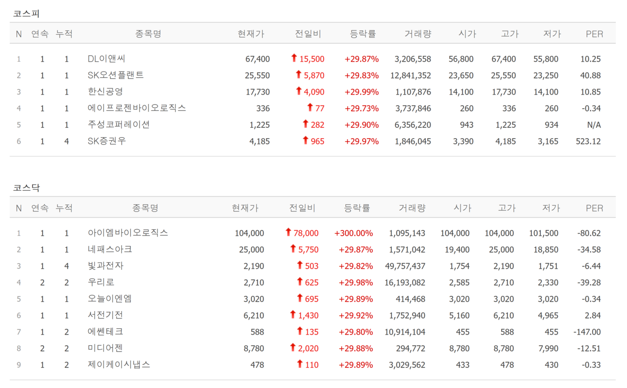 20일 상한가 종목. /자료=네이버 증권정보