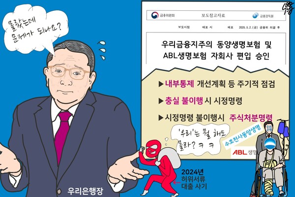 우리은행 늑장 금융사고 보고로 곤란한 정진완 은행장. /일러스트=조수연 편집위원