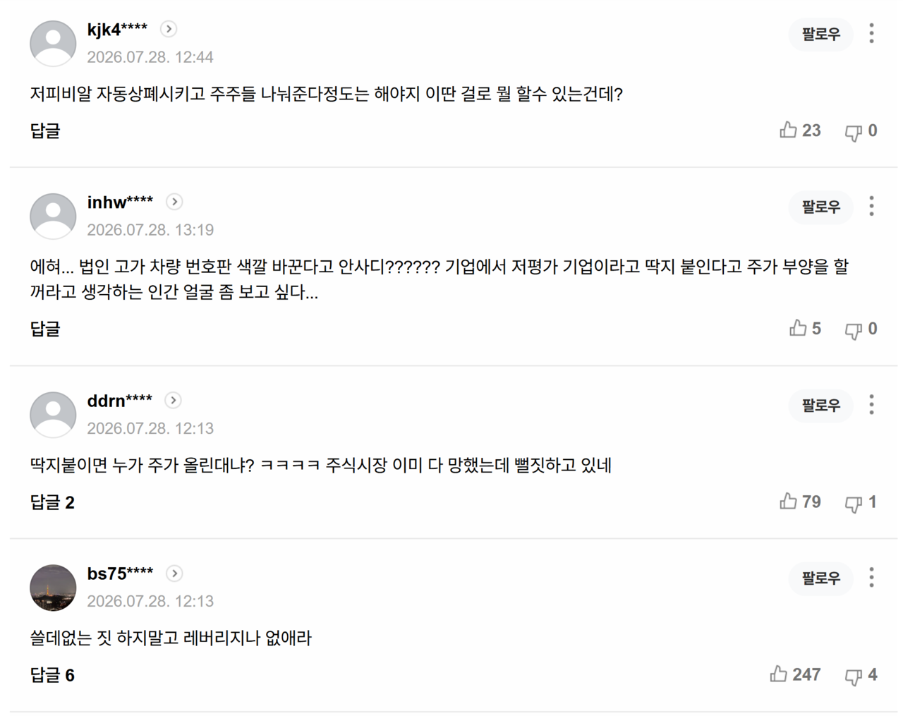 28일치 ‘코스피 하위 25%·코스닥 10% 저PBR 딱지 11월부터 붙는다’ 기사에 달린 댓글들. /출처=네이버 포털뉴스 갈무리